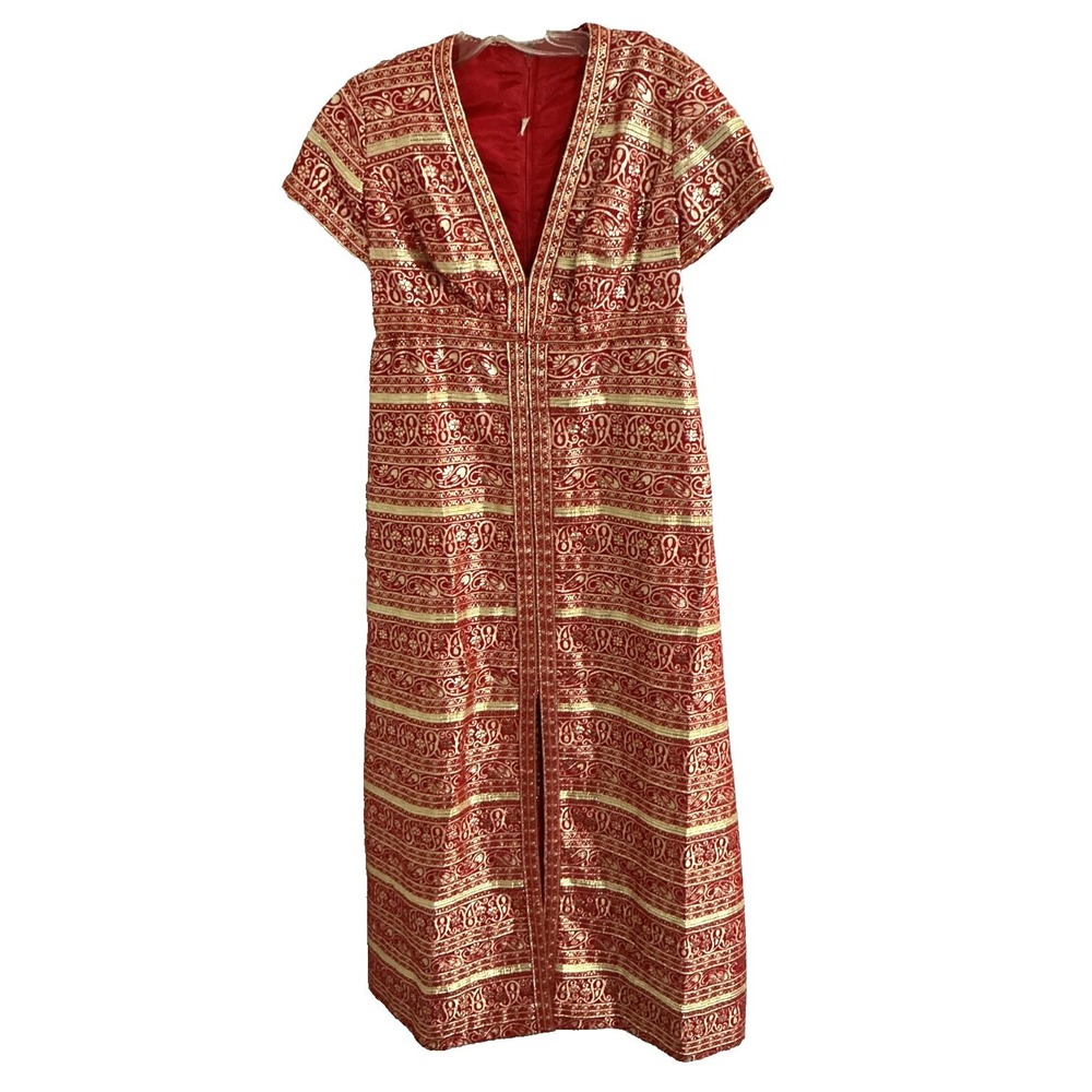 Vintage 60s Metallic Gold Red Lurex Brocade Hostess Evening Gown Dress M